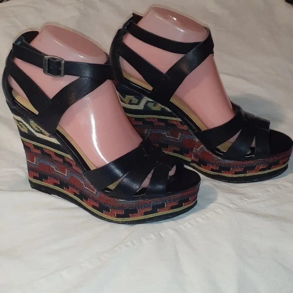 Zodiac Black Leather‎ Southwestern Wedge Heel Shoes